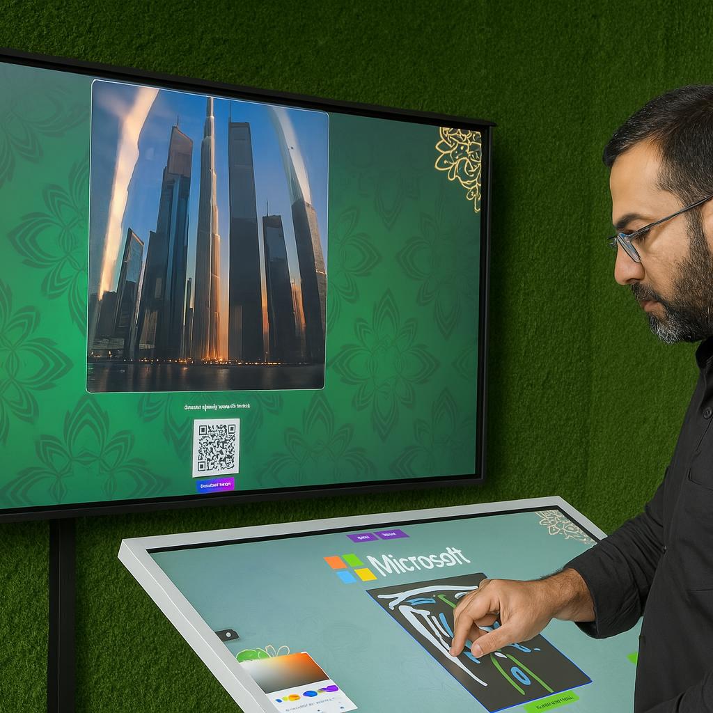Guest using interactive screen for real-time AI painting at Dubai event, creating digital artwork with immersive technology experience by Mirror Booth Dubai